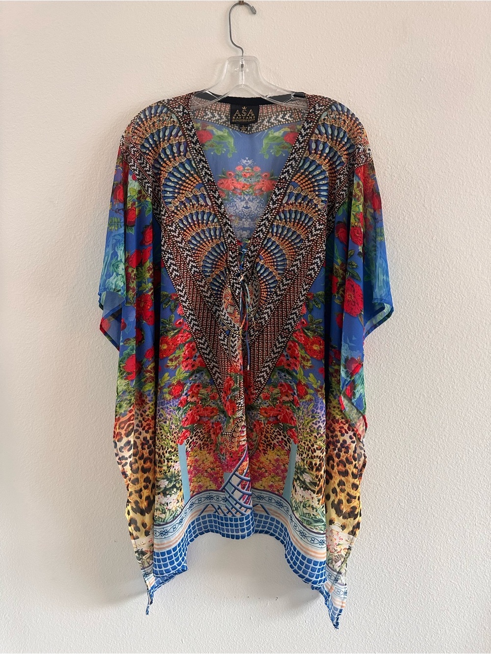 ASA Kaftans Boho Floral & Leopard Kimono Swim Beach Coverup, Large